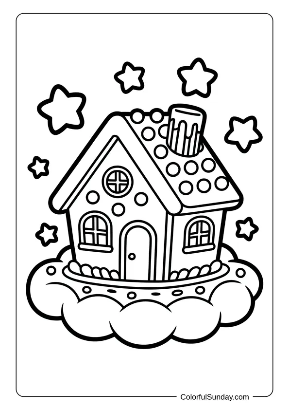 Coloring page showing a gingerbread house resting on a fluffy cloud with stars floating around it.
