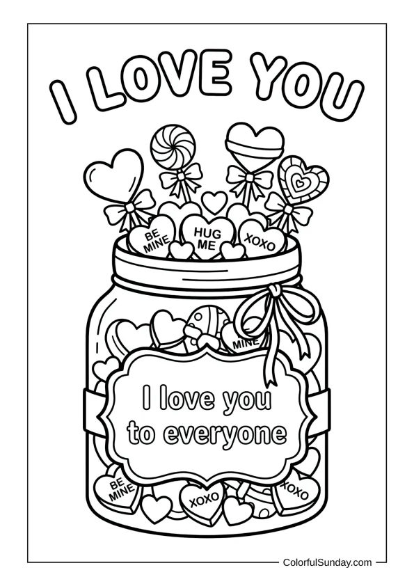 Jar overflowing with heart candies and lollipops labeled I love you in a fun coloring page.