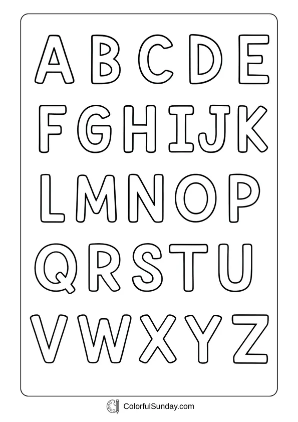 Bold uppercase alphabet from A to Z displayed in large print, simple capital letters coloring page.