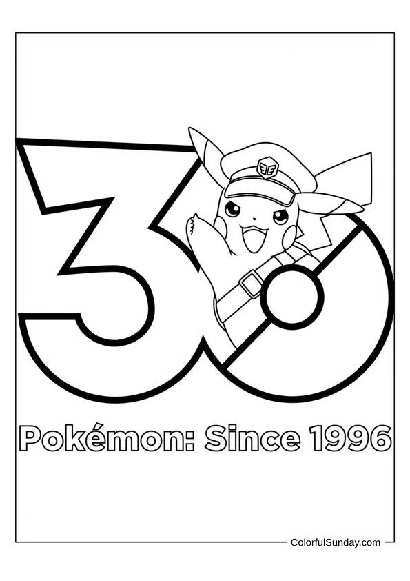 Captain Pikachu from Pokémon Horizons celebrating Pokémon 30th anniversary in a fun coloring page.