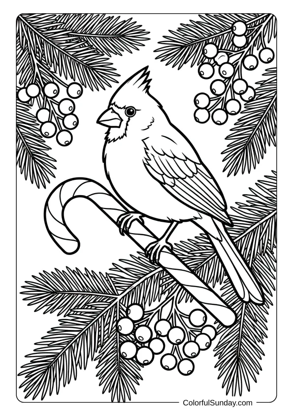 A beautiful cardinal perched on candy cane with winter berries and pine branches coloring page.