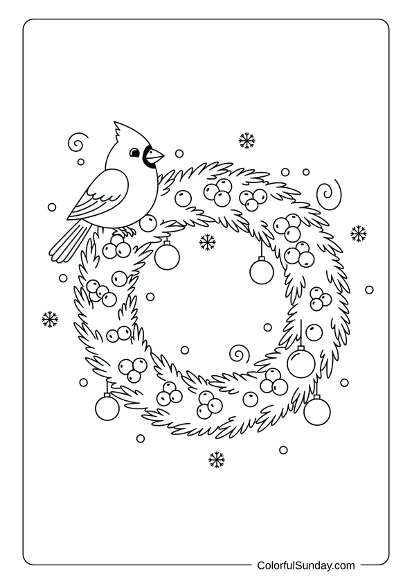 A Christmas wreath coloring page with a cardinal bird perched on branches.