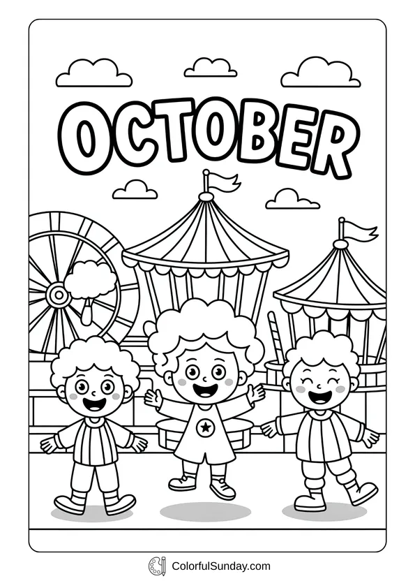 Pokemon Badges And Logo Coloring Page A coloring page of three smiling kids at a fairground with tents and a Ferris wheel behind them under the word October.