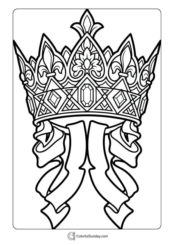 Majestic ceremonial Mardi Gras crown coloring page decorated with jewels and ornamental ribbons.