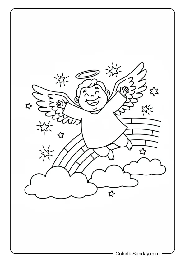 A cartoon angel coloring page showing an angel jumping over a rainbow with stars and clouds.