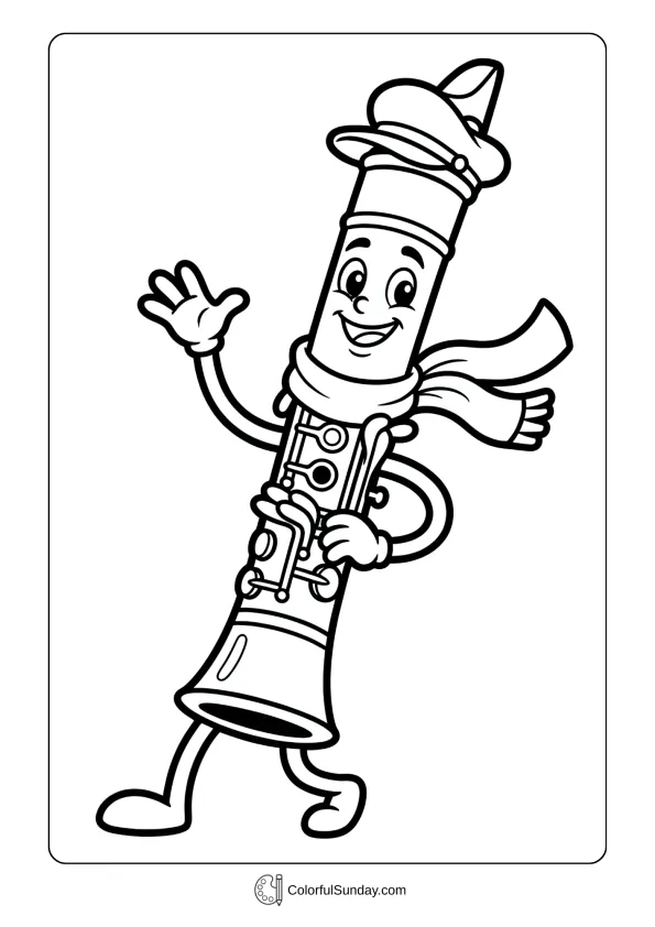 A cartoon clarinet coloring page featuring whimsical anthropomorphic character with friendly face posing cheerfully