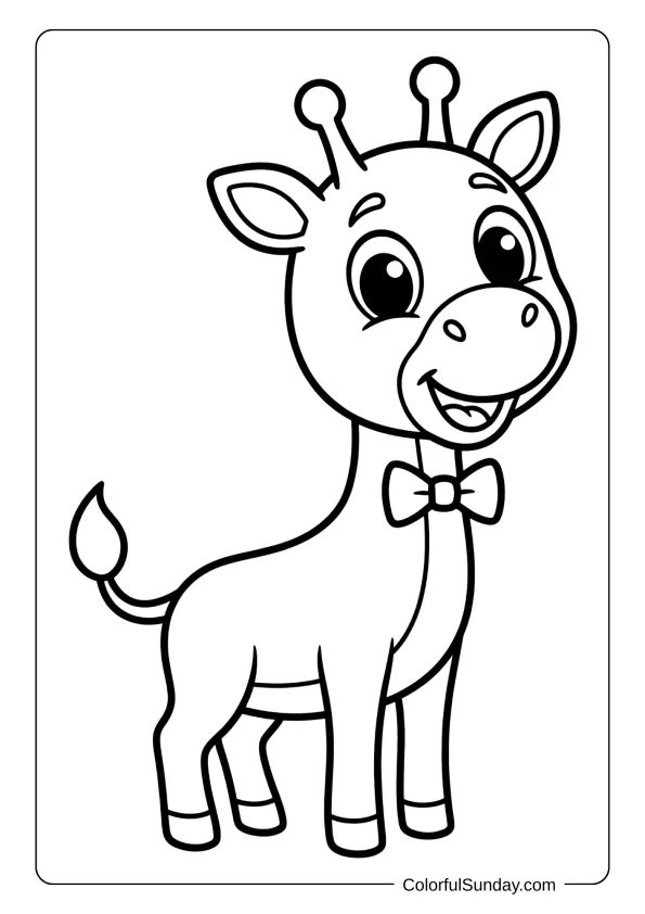 A cheerful cartoon giraffe with big eyes wearing bowtie, perfect coloring page for kids.
