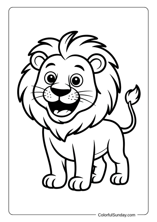 Smiling cartoon lion with big eyes and a cheerful face featured in this simple coloring page design.