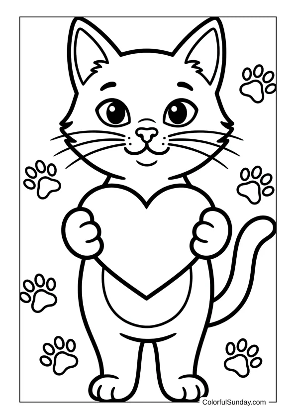 Cat hugging heart in a coloring page