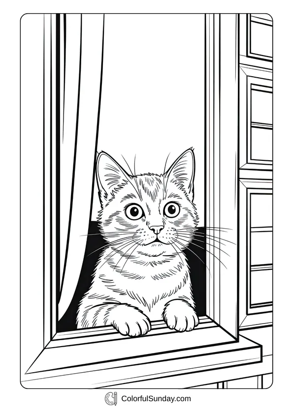 Pikachu From Pokemon Coloring Page A curious cute cat peeking out of a window in a coloring page style.