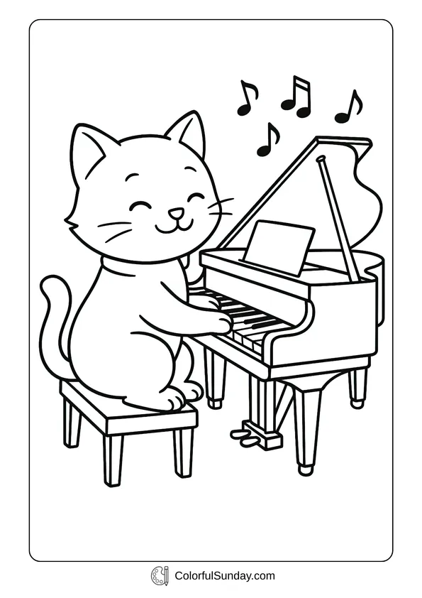 Pokemon Badges And Logo Coloring Page A coloring page of a cheerful cute cat playing the piano with musical notes around.