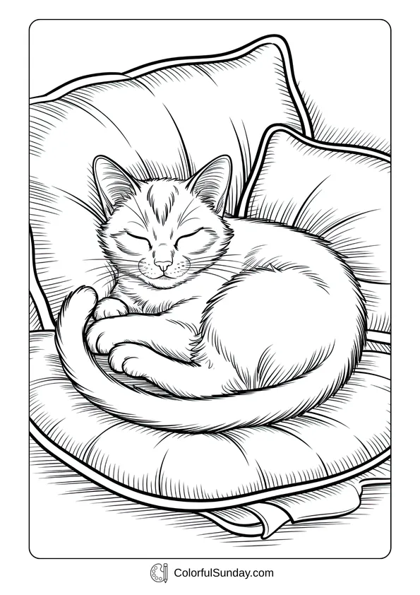 Pokemon Badges And Logo Coloring Page A coloring page of a peaceful cute cat curled up and sleeping on soft cushions.