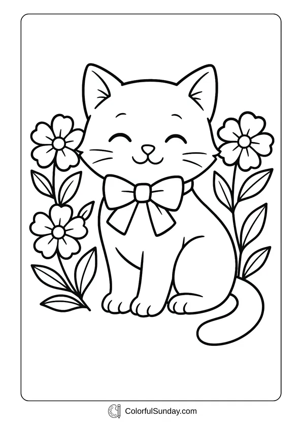Pikachu From Pokemon Coloring Page A smiling cute cat with a big bow sitting among flowers in a coloring page style.