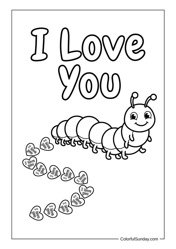 Caterpillar crawling with heart-shaped footprints trailing I love you in a garden coloring page.