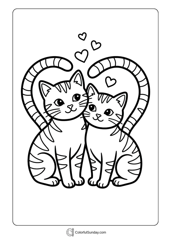 Two tabby cats cuddle together with their tails forming a heart shape on a pond in a Valentine's Day coloring page.