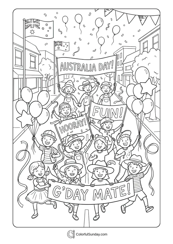 Children holding balloons and streamers in a coloring page for Australia Day celebration parade