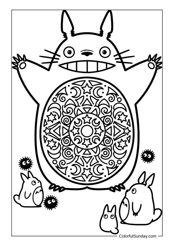 Totoro presenting a cosmic mandala of stars and moons on his belly as tiny friends admire this intricate coloring sheet