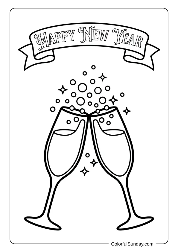 Two clinking champagne glasses coloring page with bubbles and stars for happy new year celebrations.