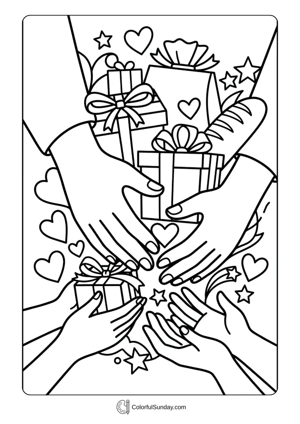 Generous hands sharing gifts symbolizing Ramadan charity in this coloring picture