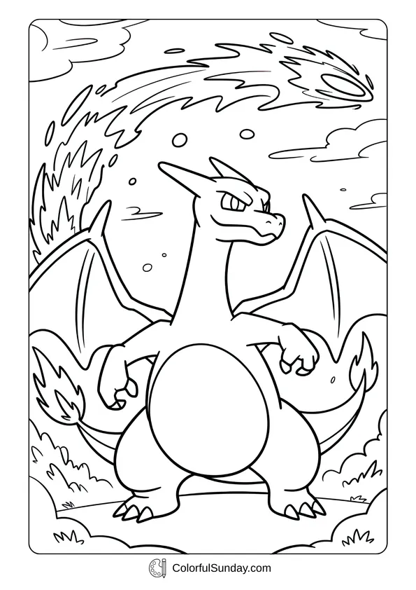 Pikachu From Pokemon Coloring Page Charizard breathing fire in the sky is the central figure of this Pokémon coloring page.