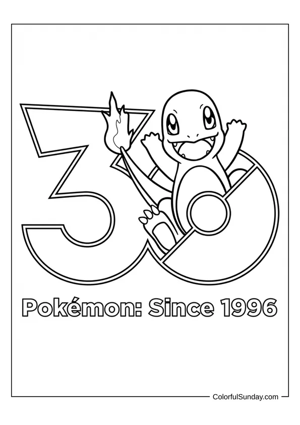 Happy Charmander celebrating Pokémon 30th anniversary in a fun coloring page.