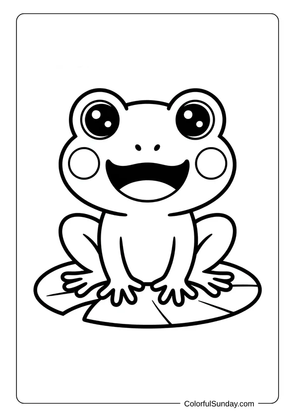 A joyful froglet sitting on a lily pad smiling wide in a kawaii coloring page for kids.