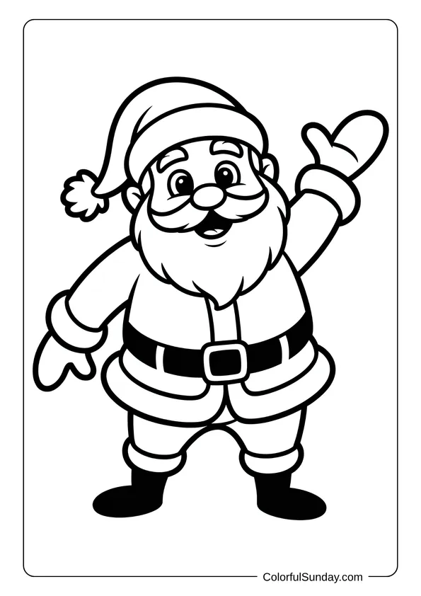 Cheerful Santa waving and smiling in his classic red suit, captured in a Christmas-themed coloring page.