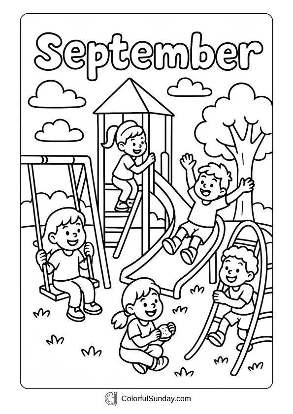 Cheerful September Playground Coloring Page Kids playing happily on swings, slides, and climbing frames at the playground, shown in a cheerful September coloring page.