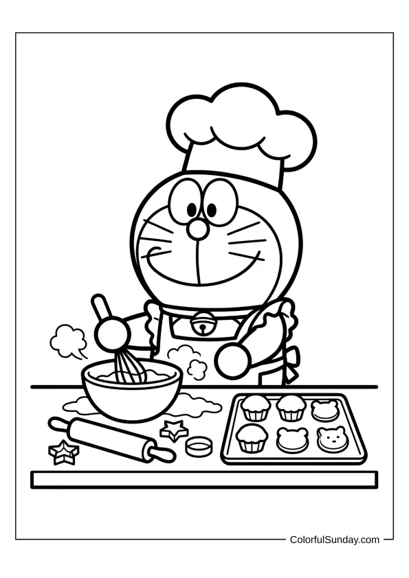 Doraemon dressed as a chef baking in the kitchen coloring page.
