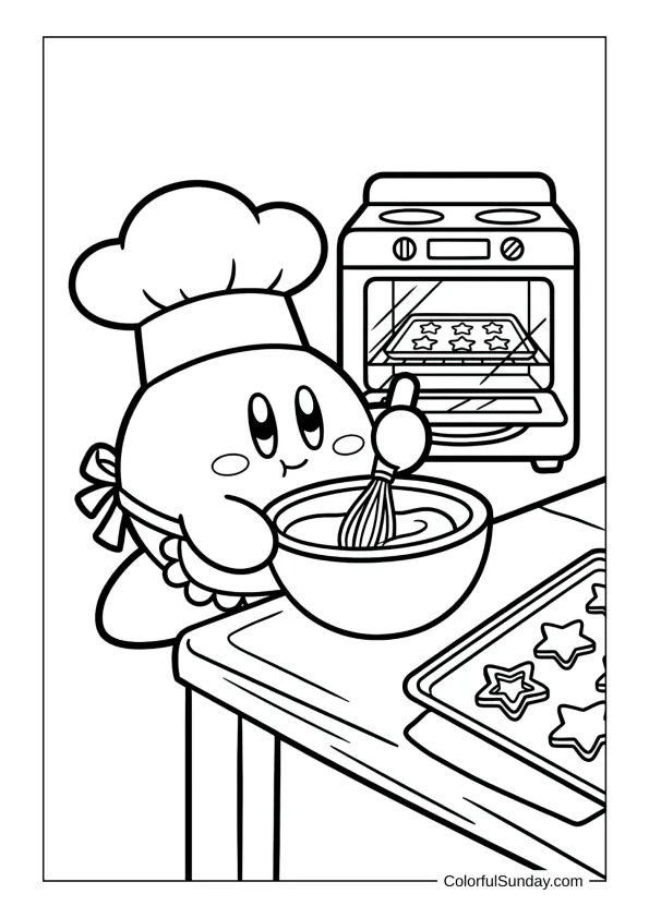 Chef Kirby mixes dough and bakes star cookies wearing a chef hat in this tasty coloring page