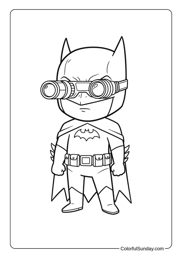 Chibi Batman Uses His Night Vision Goggles Coloring Page Batman wears night vision goggles and stands ready in his costume in this coloring page.