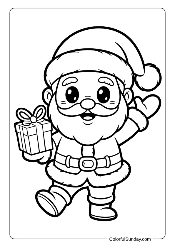Santa Claus holding a wrapped gift and waving happily in this Christmas coloring page.