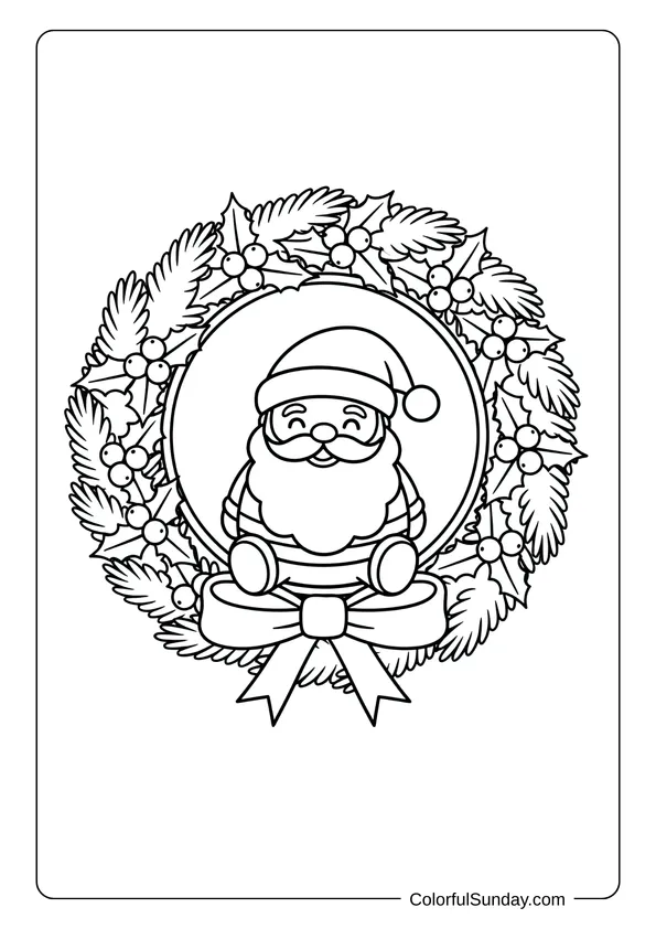 A coloring page of a chibi Santa Claus sitting in a Christmas wreath for kids.