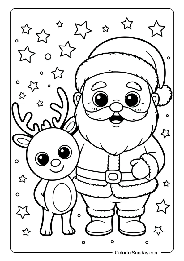 Chibi-style Santa and Rudolph smiling together with stars around them in a cute Christmas coloring page.