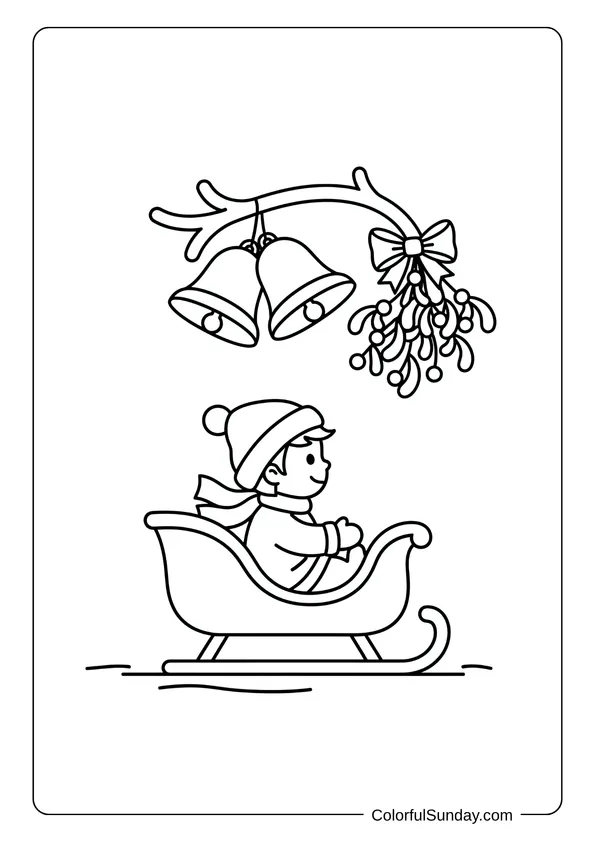 A coloring page of a child on a sleigh under mistletoe and bells.