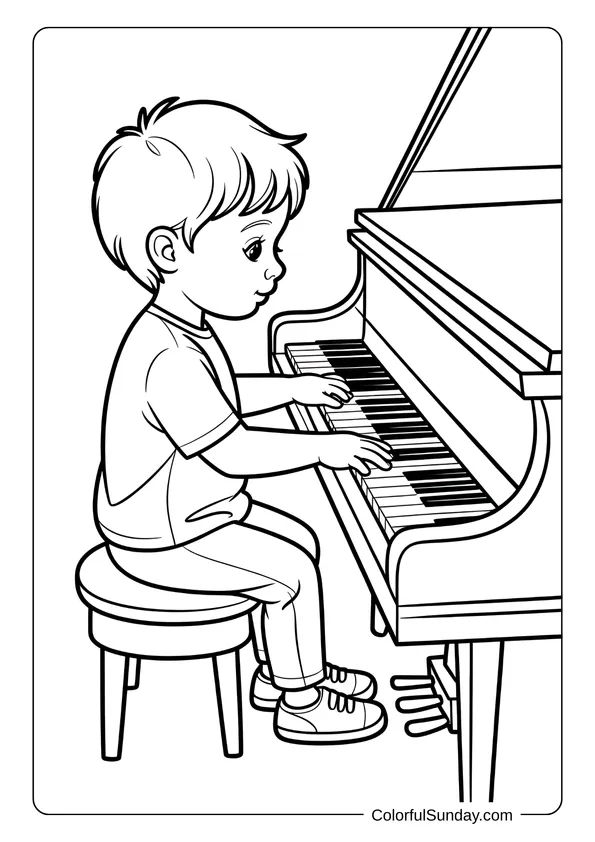 Pokemon Badges And Logo Coloring Page Child sitting on a stool practicing at the piano, drawn as a coloring page.