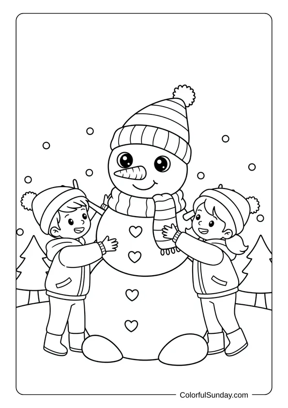 A coloring page of children decorating a snowman with fun winter accessories and details.