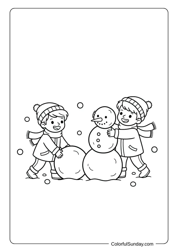 A coloring page of children making a snowman together wearing winter hats and clothes.