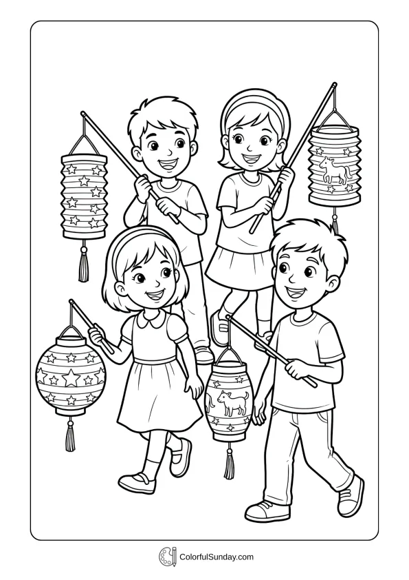 Happy children carrying traditional lanterns celebrating Ramadan nights coloring page