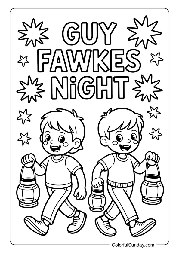 Two children holding lanterns and smiling in a Guy Fawkes Night coloring page.