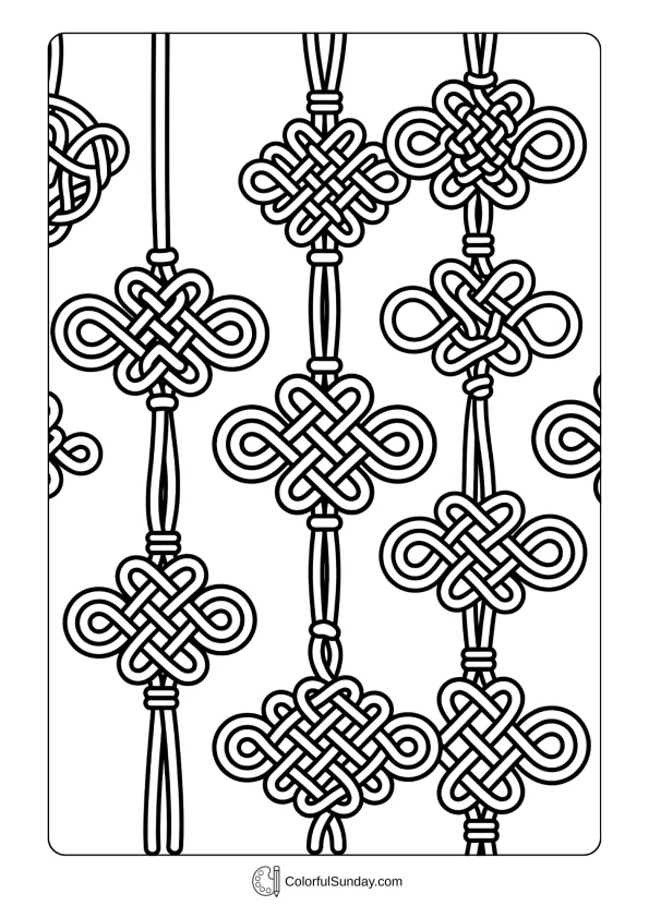 Intricate knotwork designs hanging during Chinese New Year celebrations to color