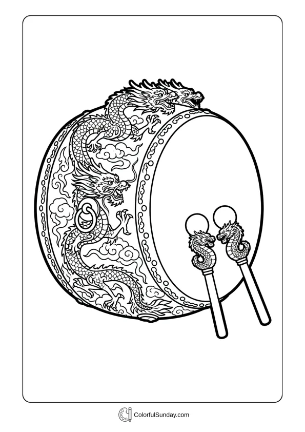 Large ceremonial drum with dragon decorations coloring page used in traditional lion dance performances