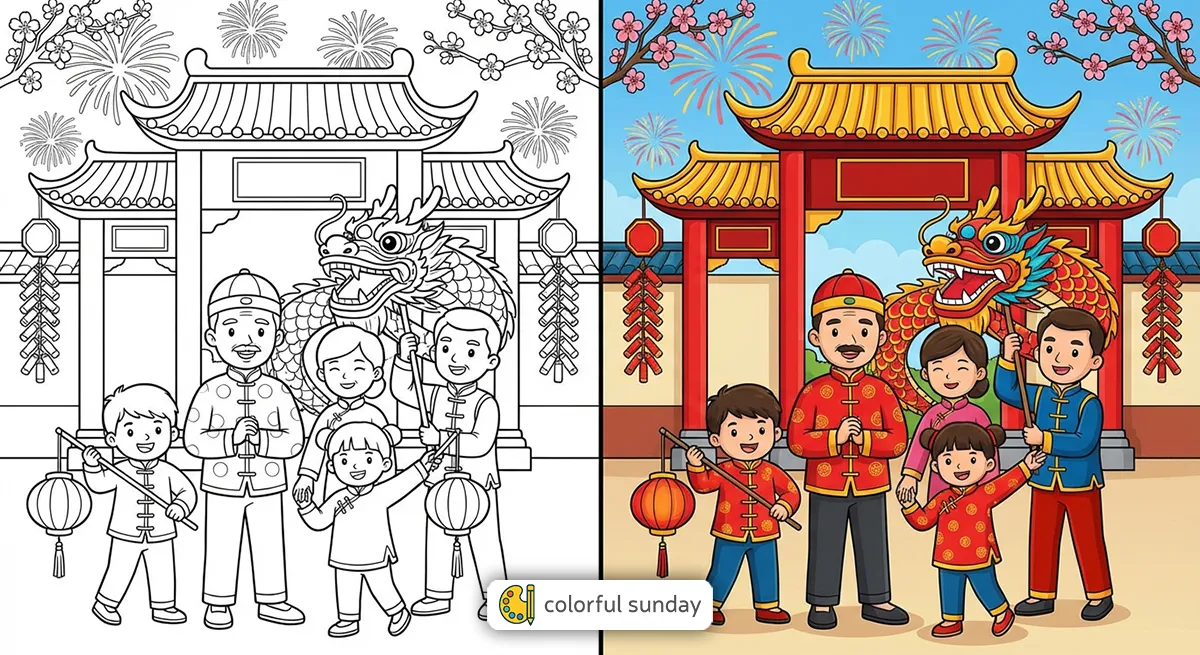 Chinese New Year coloring pages featured image, left side uncolored, right side fully colored