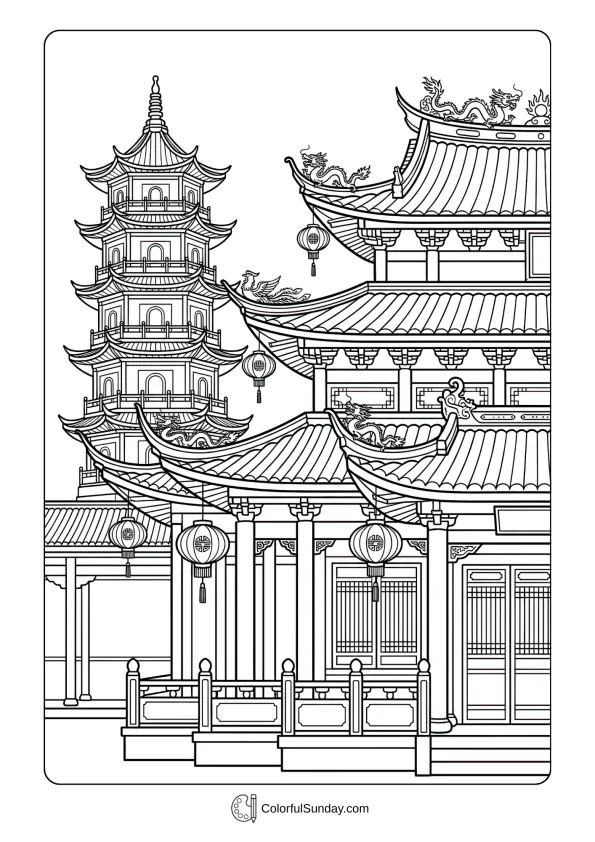 Ornate temple decorated with traditional details for Chinese New Year coloring picture