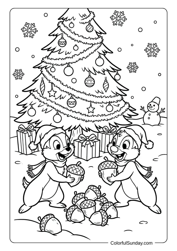 Chip and Dale decorate a tall Christmas tree with ornaments during Disney Christmas in a playful coloring page