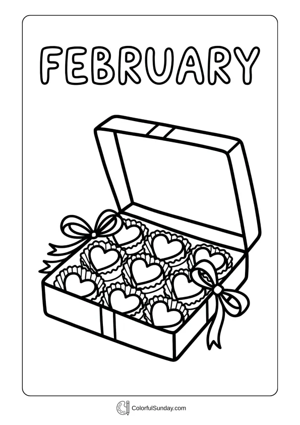 February chocolate box coloring page showing heart-shaped treats surrounded by ribbon bows coloring page