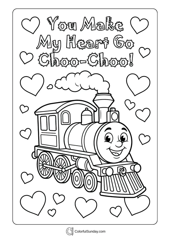 A coloring page featuring a cute train surrounded by hearts, with the words 'You Make My Heart Go Choo-Choo!' for Valentine's Day.