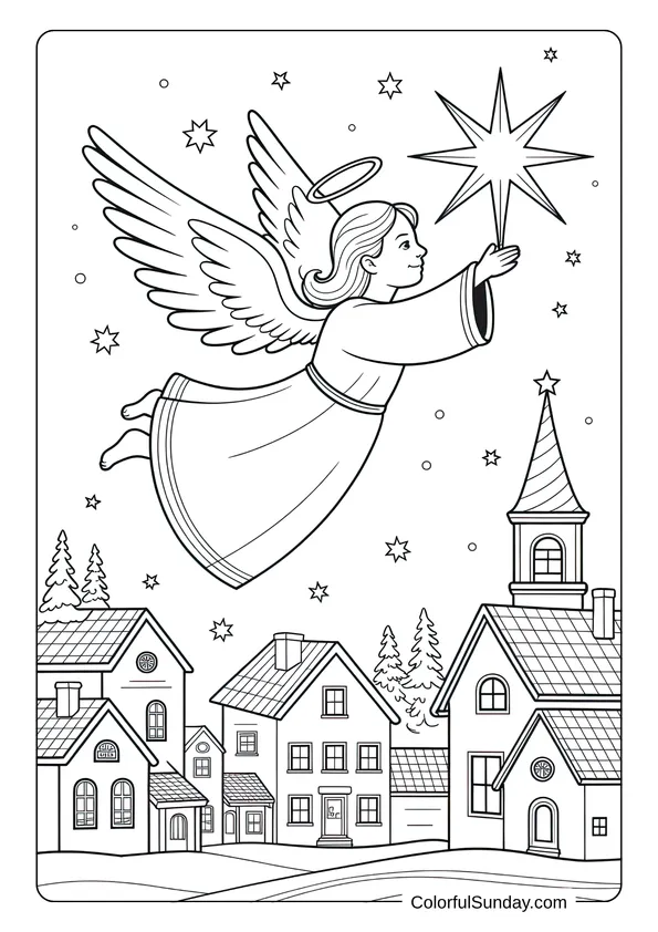 An angel holding a bright star while flying above a village sky in a peaceful Christmas coloring page.
