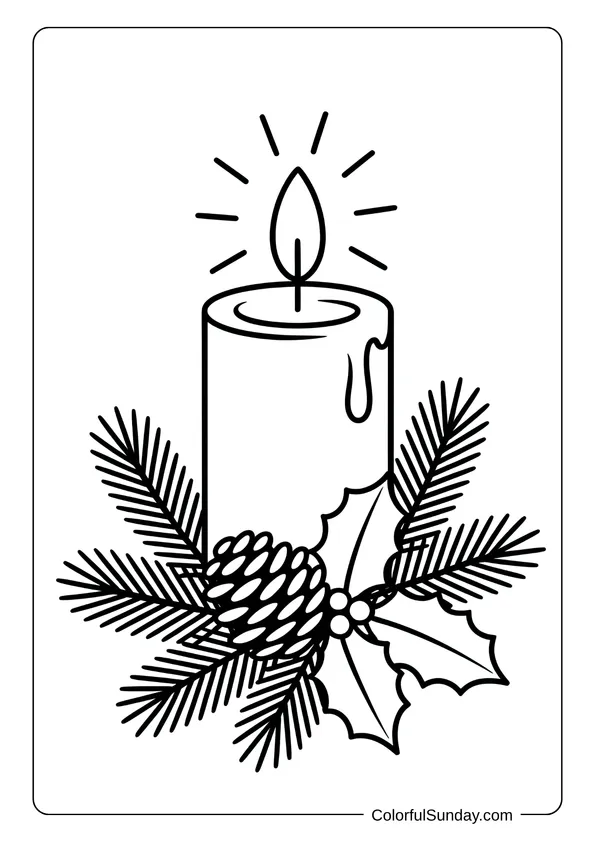 A single candle glowing among pine branches and holly, beautifully shown in a Christmas candle coloring page.