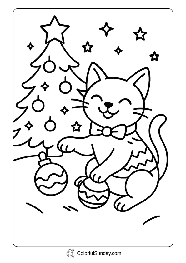 A coloring page of a Christmas cute cat playing with ornaments beside a tree.